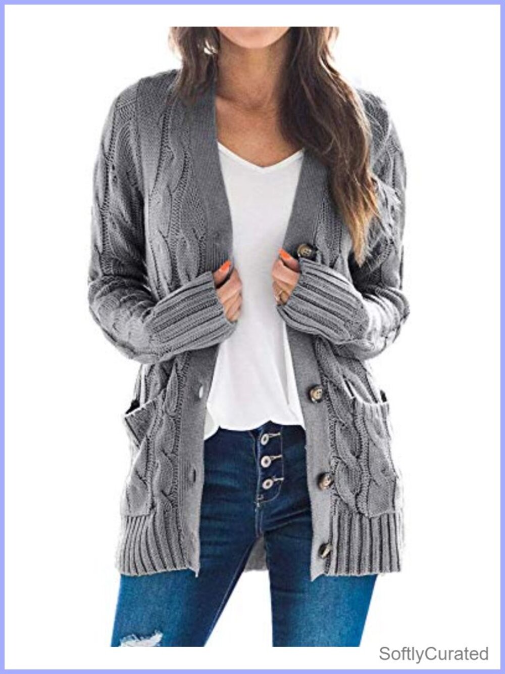 Cable Knit Cardigan Long Sleeve Open Front Button Down Knitwear Sweater